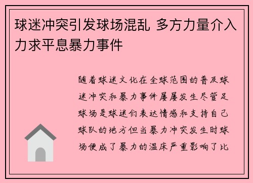 球迷冲突引发球场混乱 多方力量介入力求平息暴力事件